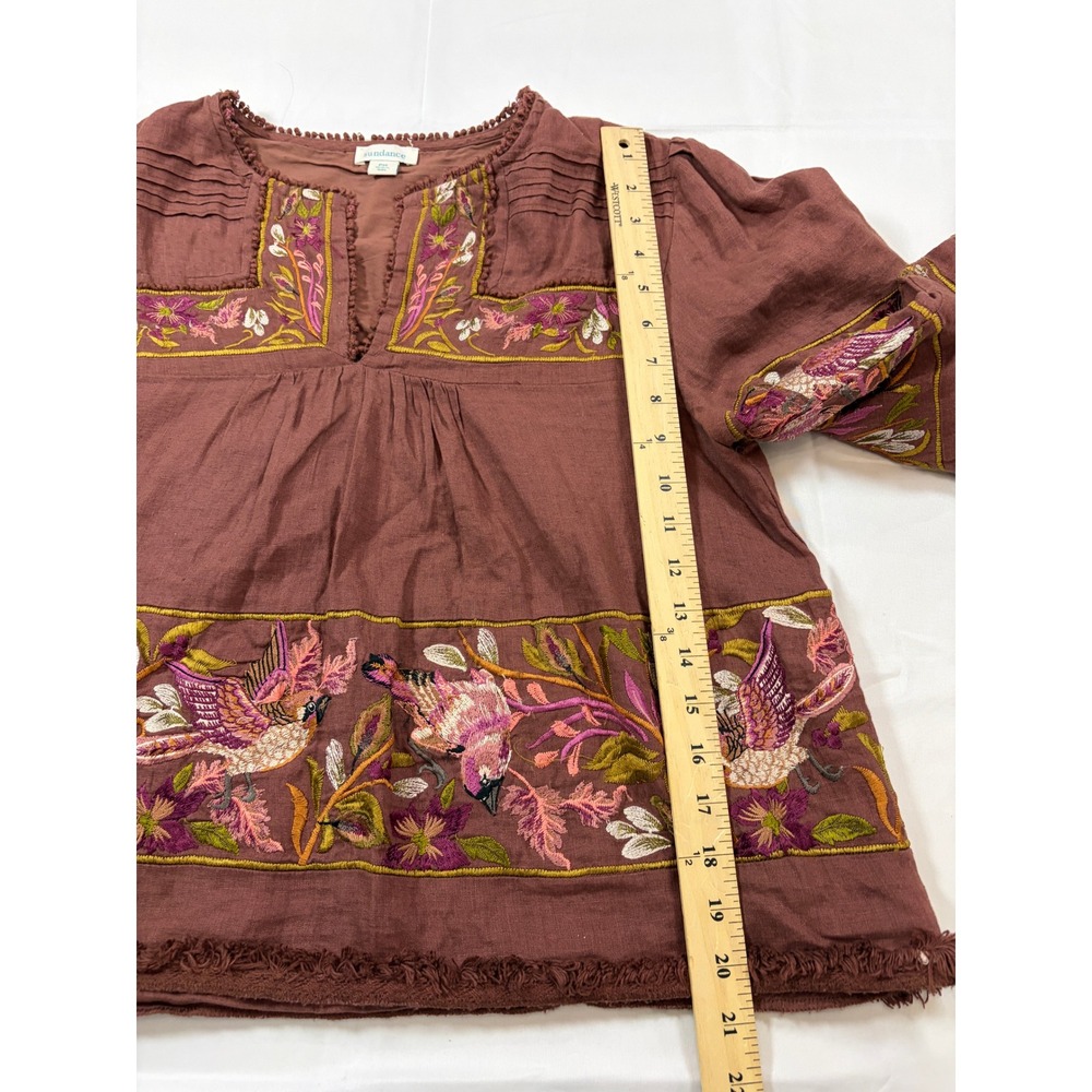 Sundance Brown Embroidered Linen Bird Floral Peasant Blouse PM Boho Fringe Top - Picture 9 of 11